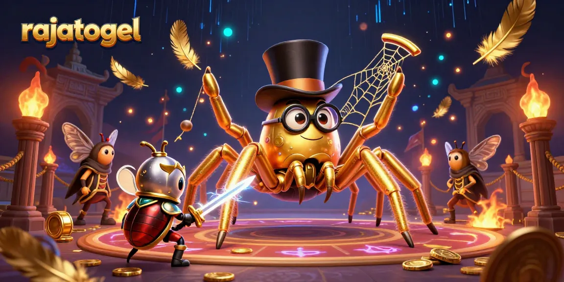 Experience the thrill of rajatogel with a golden tarantula and beetle knight in an enchanting casino scene.
