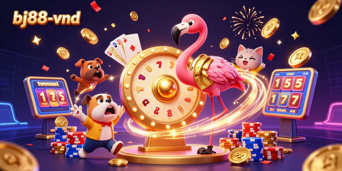 Experience exciting wins at bj88-vnd with a 3D game show illustration showcasing thrilling prizes and dynamic casino elements.