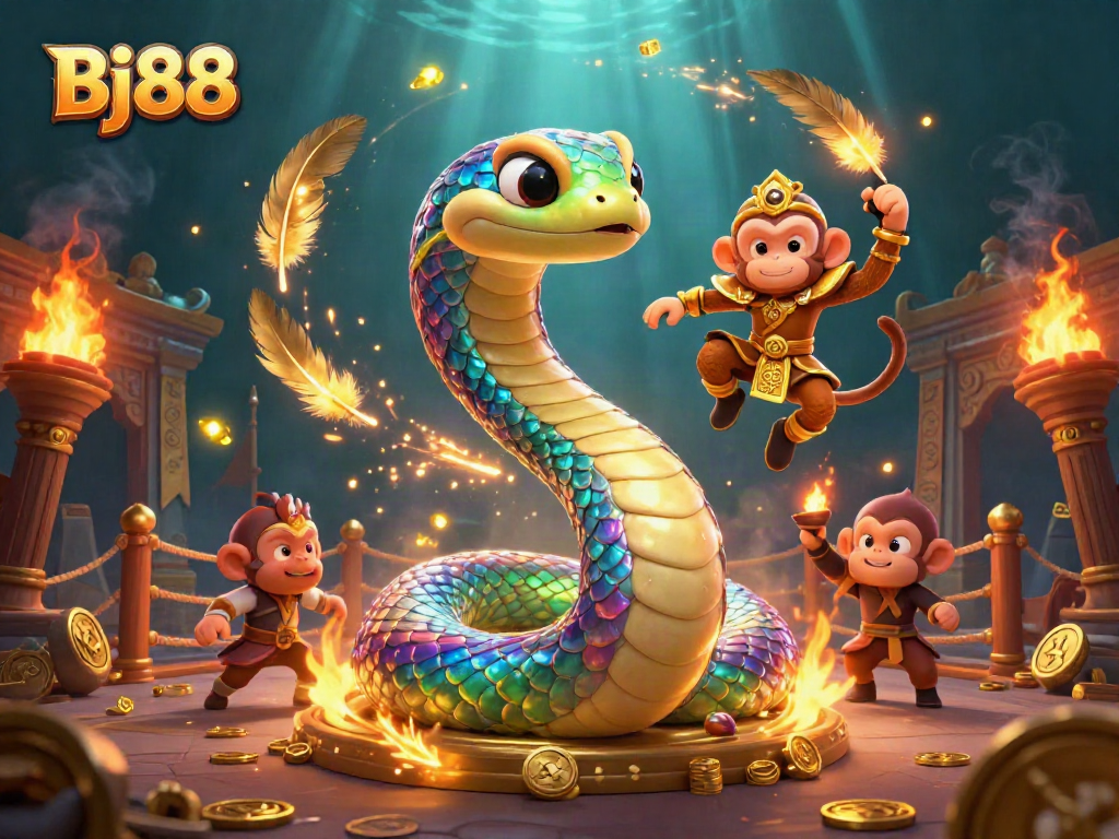 Engage with Bj88 gaming adventures through vibrant visuals of mythical creatures and casino symbols.