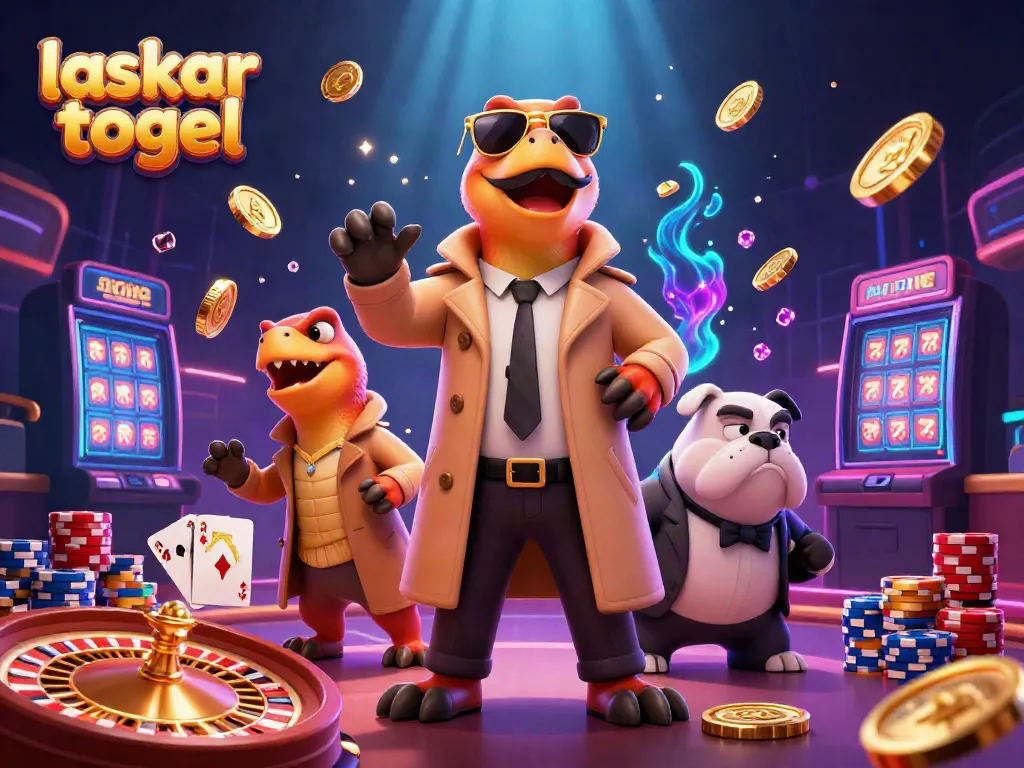 Engage in vibrant laskar togel excitement as playful raptors attempt disguise in a casino setting.