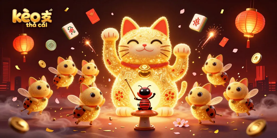 Experience kèo nhà cái with a vibrant illustration of casino symbols and lucky elements in a rich scene