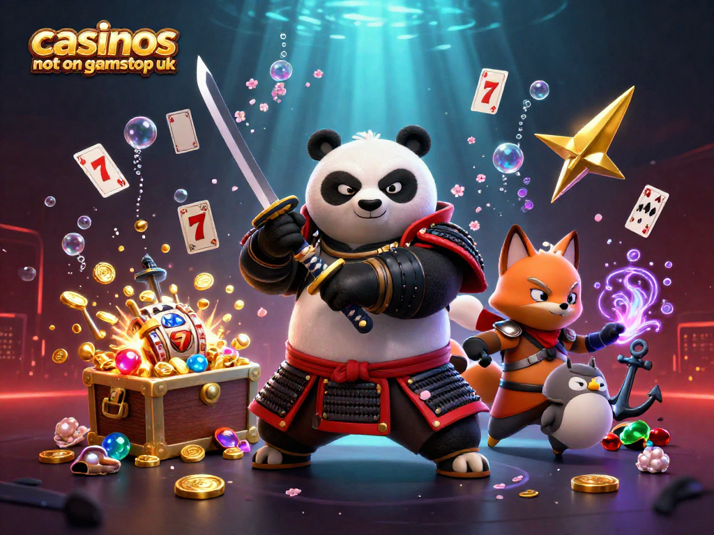 Experience excitement at casinos not on gamstop uk with vibrant characters amidst gold coins and playing cards.