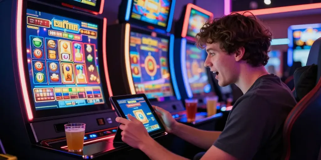 Excited player using slot88 on a tablet in a vibrant gaming environment.