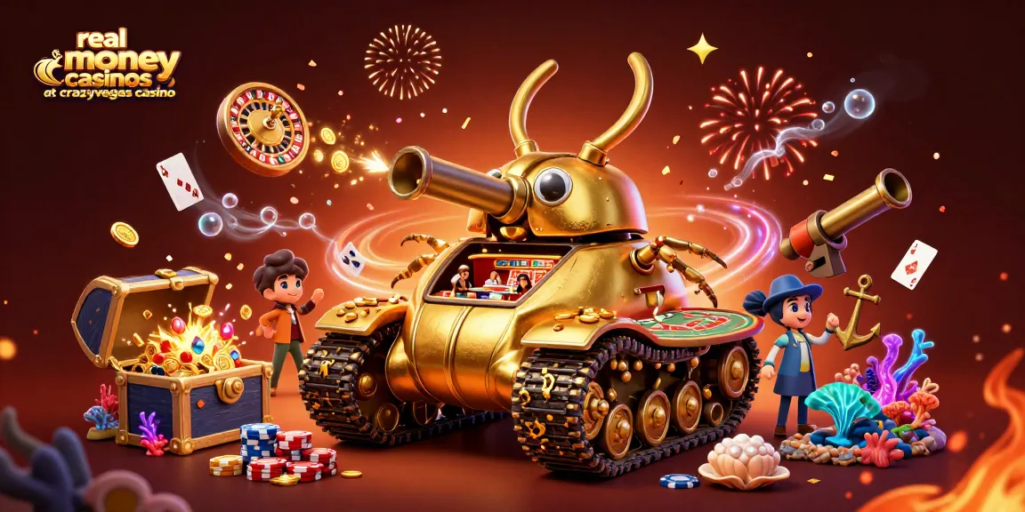 Experience excitement at real money casinos at crazyvegas casino with golden tank and floating games.