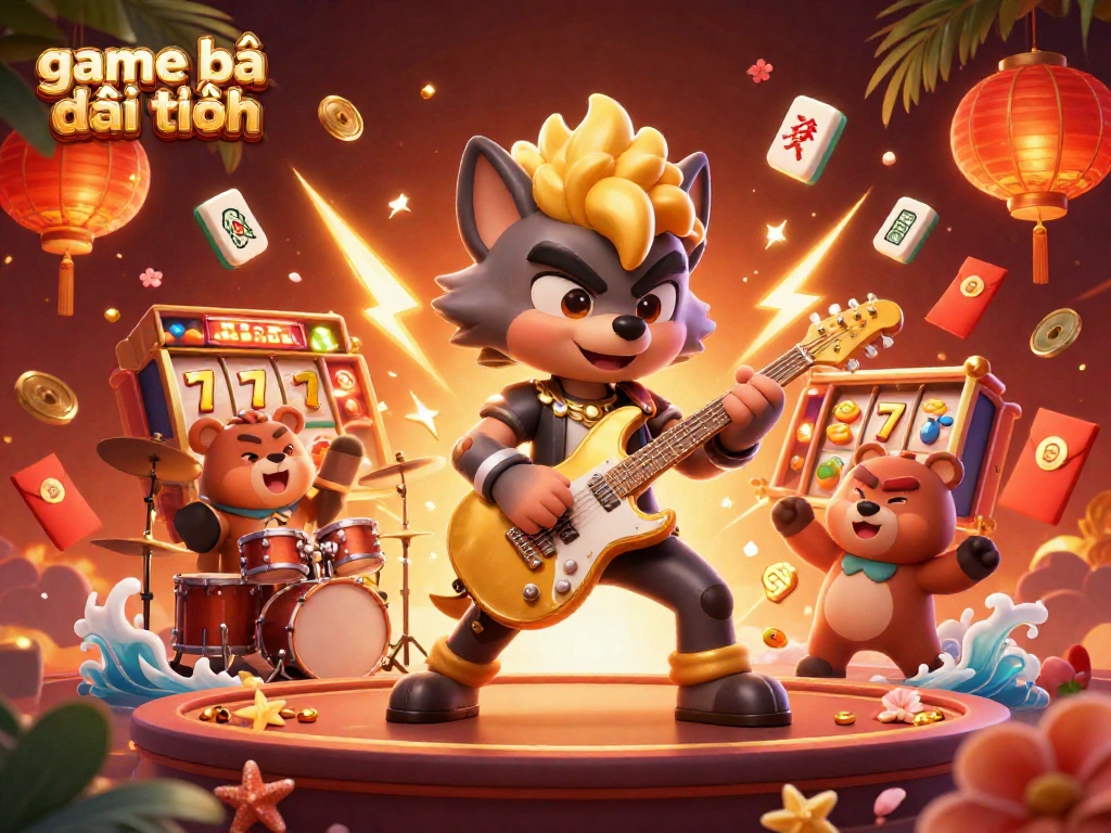 Engage in thrilling game bài đổi thưởng with dynamic casino elements, vibrant characters, and festive decorations.