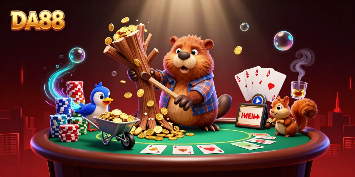 Engage with DA88's vibrant casino scene featuring a beaver and friends collecting golden coins.