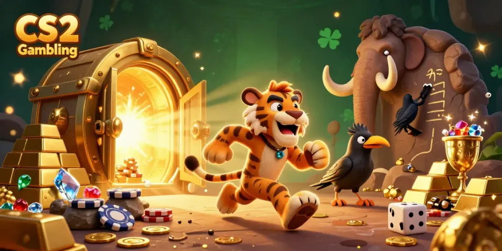 Experience exciting CS2 Gambling with cartoon caveman and tiger duo in a vibrant casino scene.