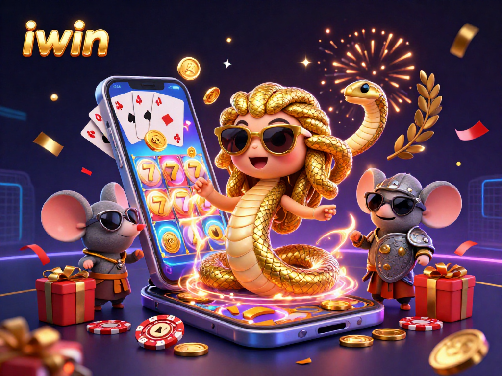 Spin to win with iwin at the colorful slot game, featuring Medusa and a warrior mouse amidst golden coins.
