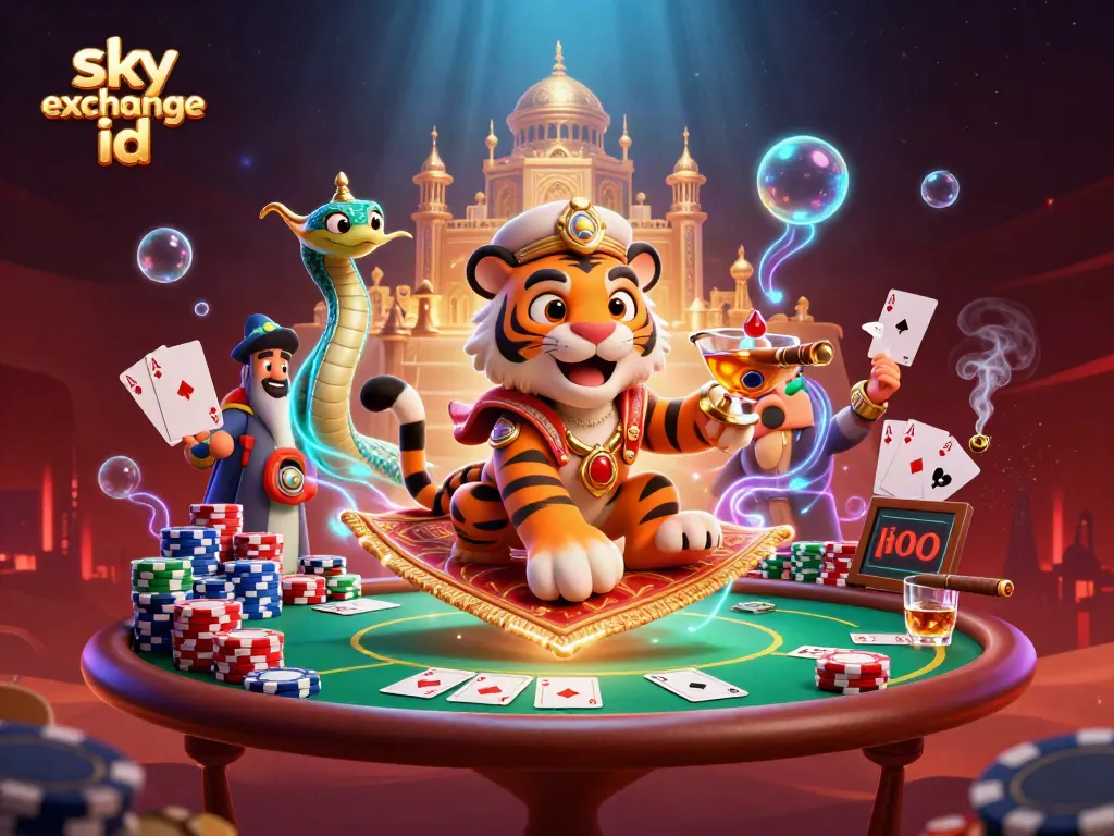 Experience thrilling bets with sky exchange id as a tiger sultan and genie soar over a treasure-filled oasis.