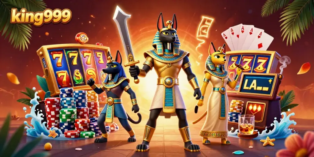 Mainkan slot gacor king999 dengan karakter Anubis dan Bastet di ilustrasi 3D yang menakjubkan.
