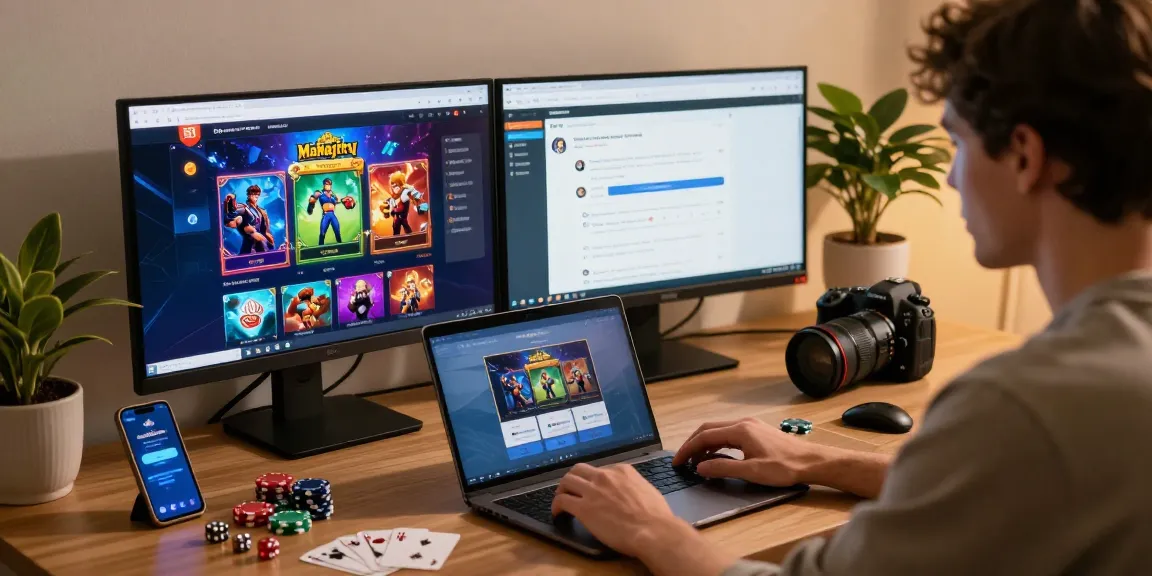 Engaged user exploring Mahajitu online gaming platform with vibrant graphics and cozy desk setup.