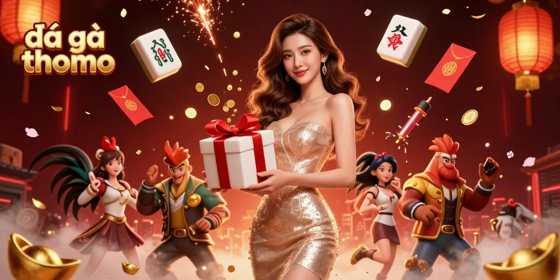 Engage in đá gà thomo action with an enchanting woman amidst festive casino elements.