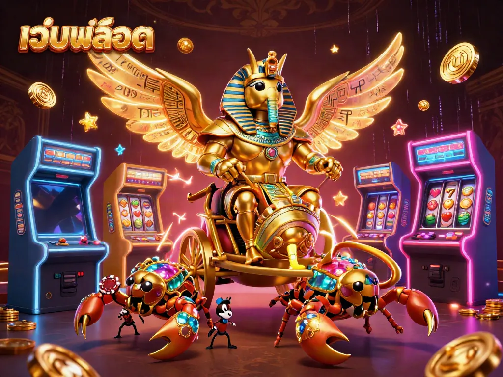 Experience the thrill of เว็บสล็อต with a dynamic 3D illustration featuring a golden scarab and scorpions amidst vibrant gaming elements.