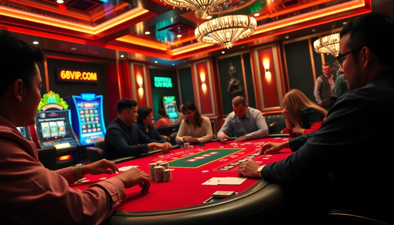 Gambling enthusiasts play poker at a luxurious 68VIP.COM casino table, filled with chips and rich decor.