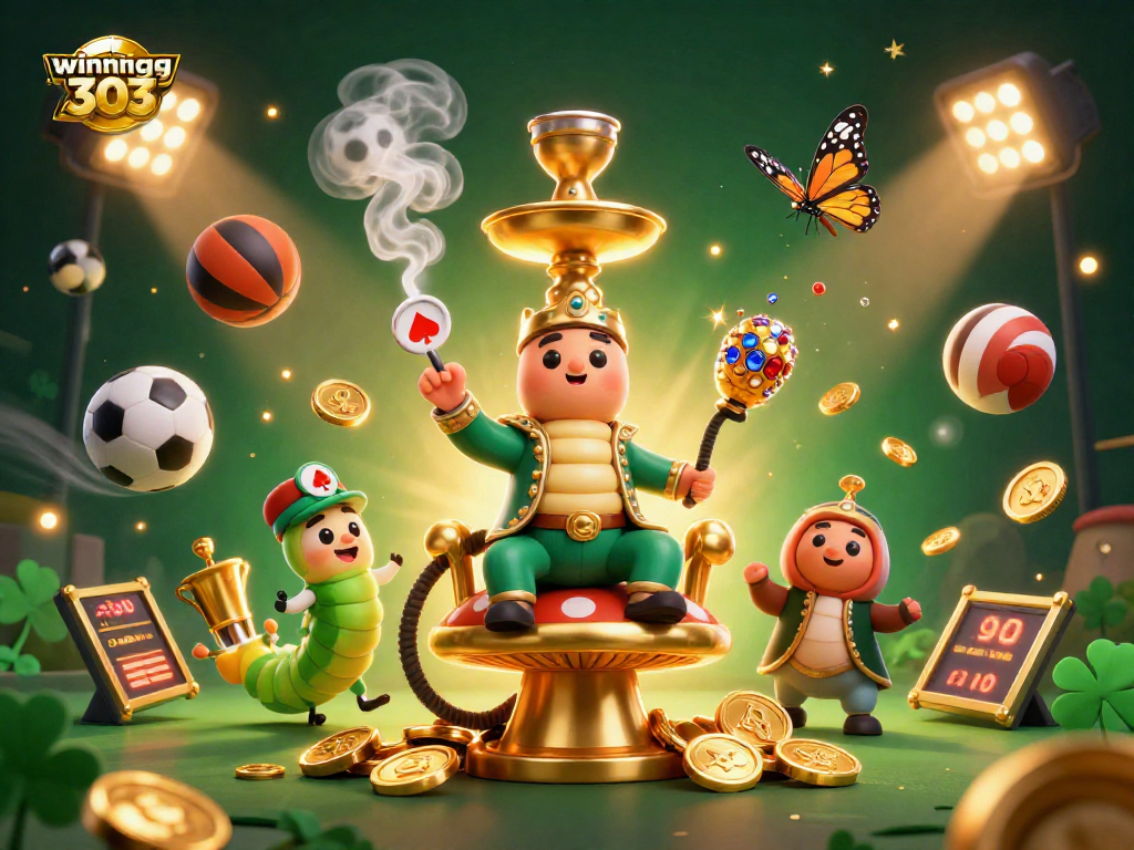 Winning303 showcases a vibrant 3D casino scene filled with dynamic sports elements and an enchanting caterpillar character.