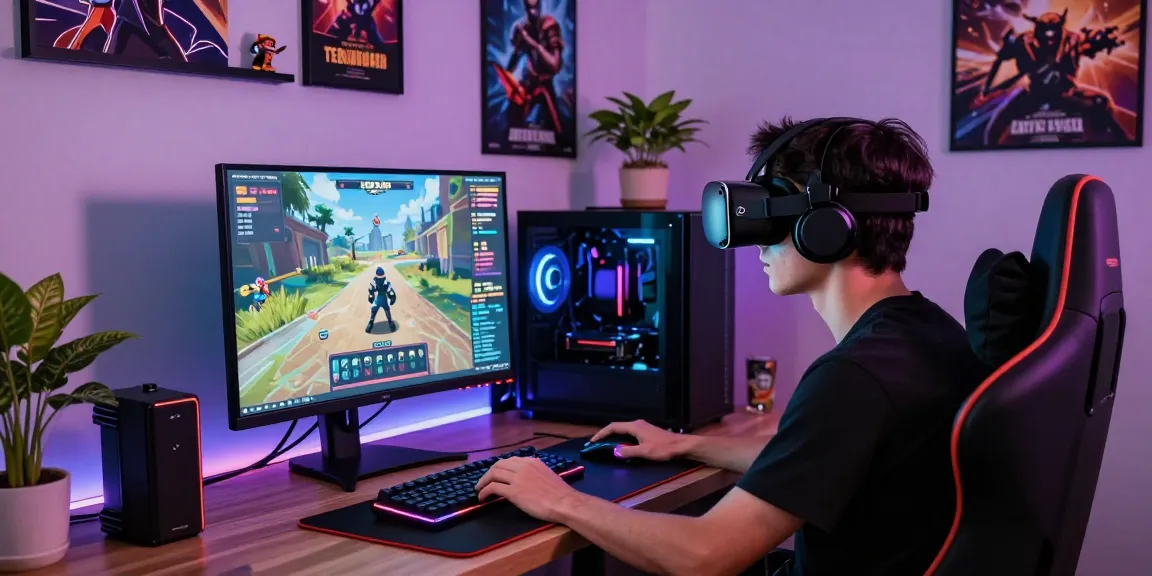 Gamer beraksi di ruang permainan dengan tampilan terjun4d yang menarik, dilengkapi perangkat gaming canggih.