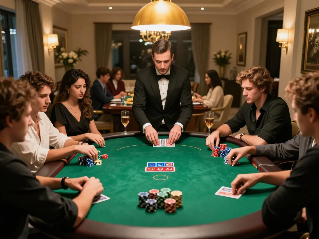 Players engaged in a high-stakes poker game at a luxurious table, showcasing Fun88 com for an immersive experience.