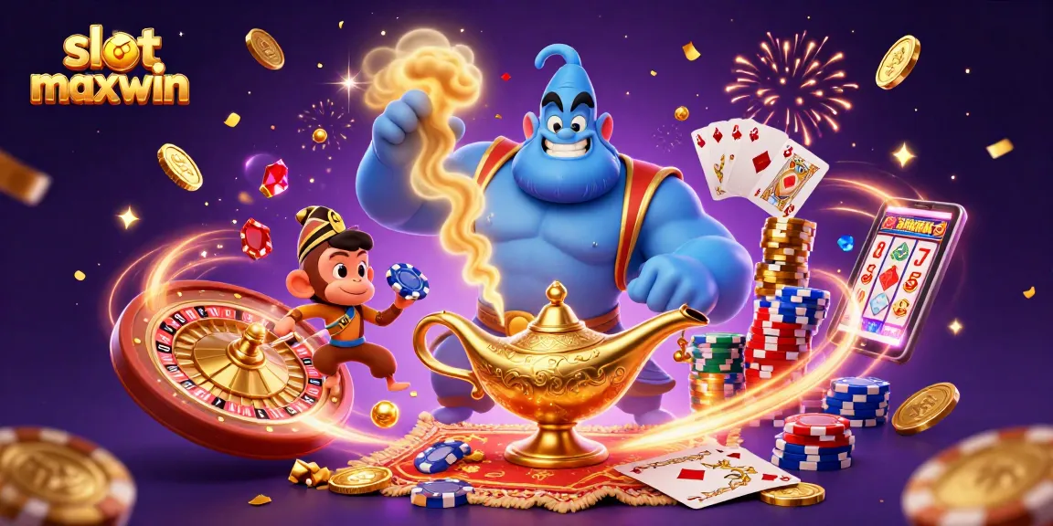 Rasakan sensasi dengan slot maxwin yang menampilkan jin biru, chip poker, dan elemen kasino dinamis.
