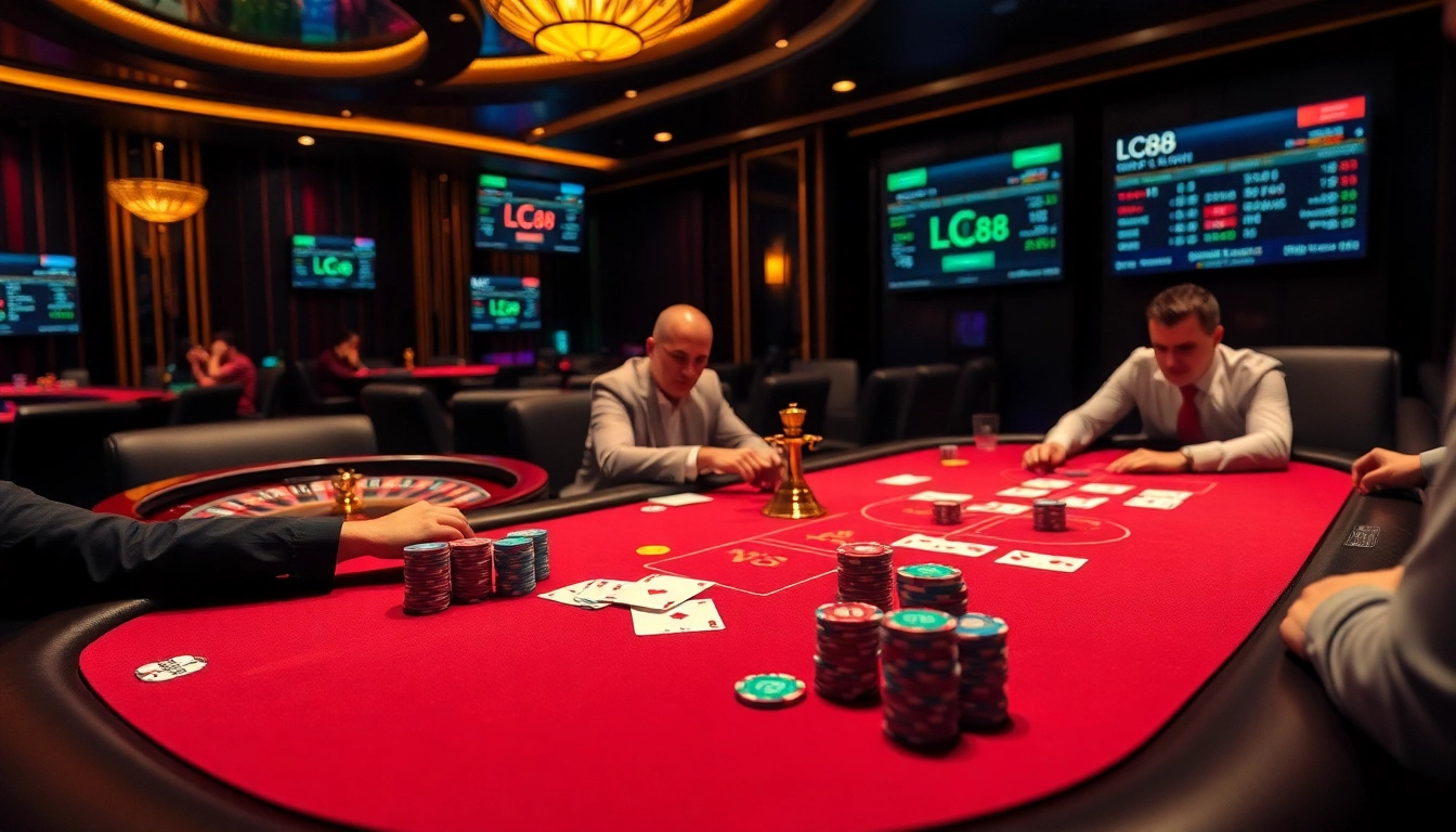 Experience the thrill of play at LC88's sophisticated casino, with poker chips flying and excitement in the air.