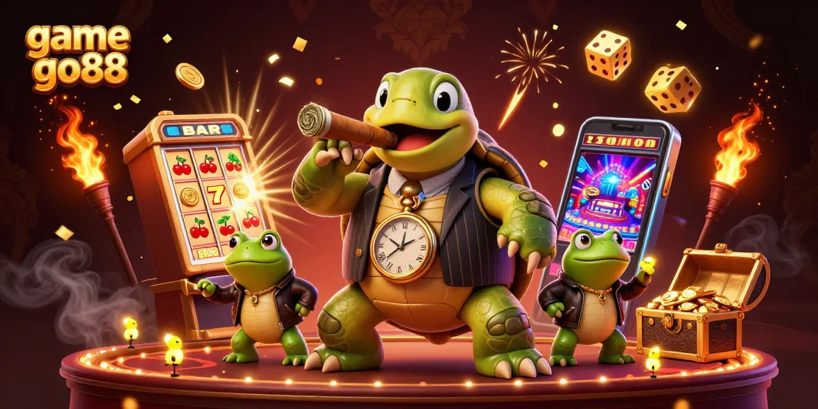 Engage in the thrilling game go88 with a whimsical turtle in a mobster suit amidst a vibrant casino scene.