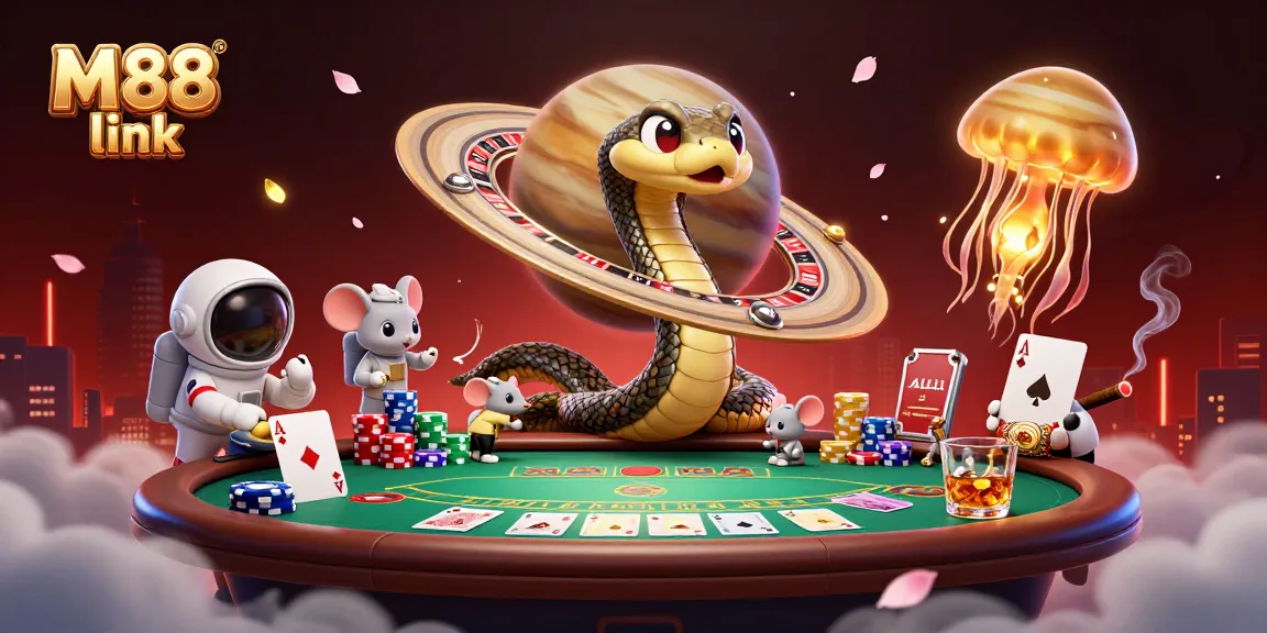 Engage with M88 link in this vibrant, action-packed casino illustration.
