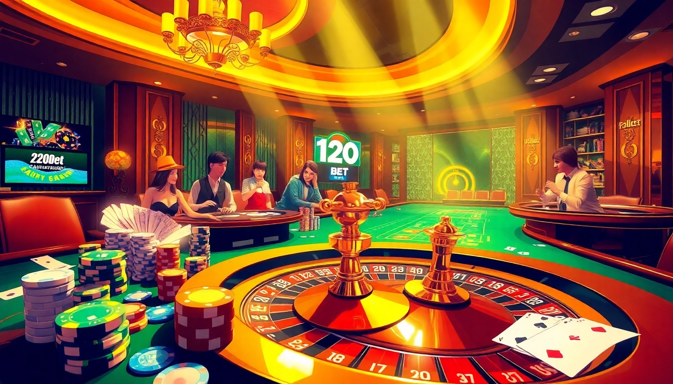 Gambling at 120bet casino, featuring poker chips, cards, and a spinning roulette wheel.