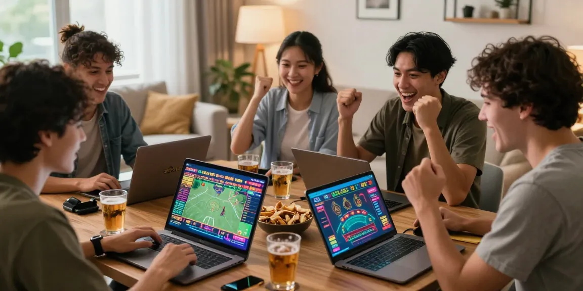 Friends enjoying a lively betting experience on 28bet with laptops and snacks.