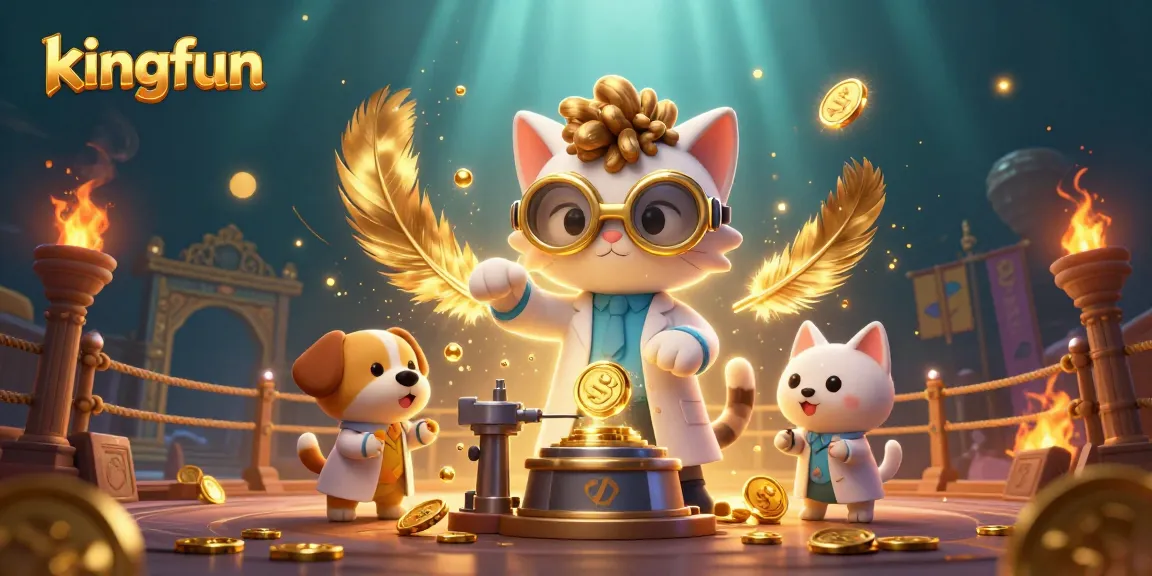 Engage with kingfun's thrilling casino scene featuring a mad scientist cat and loyal assistant dog creating gold coins.