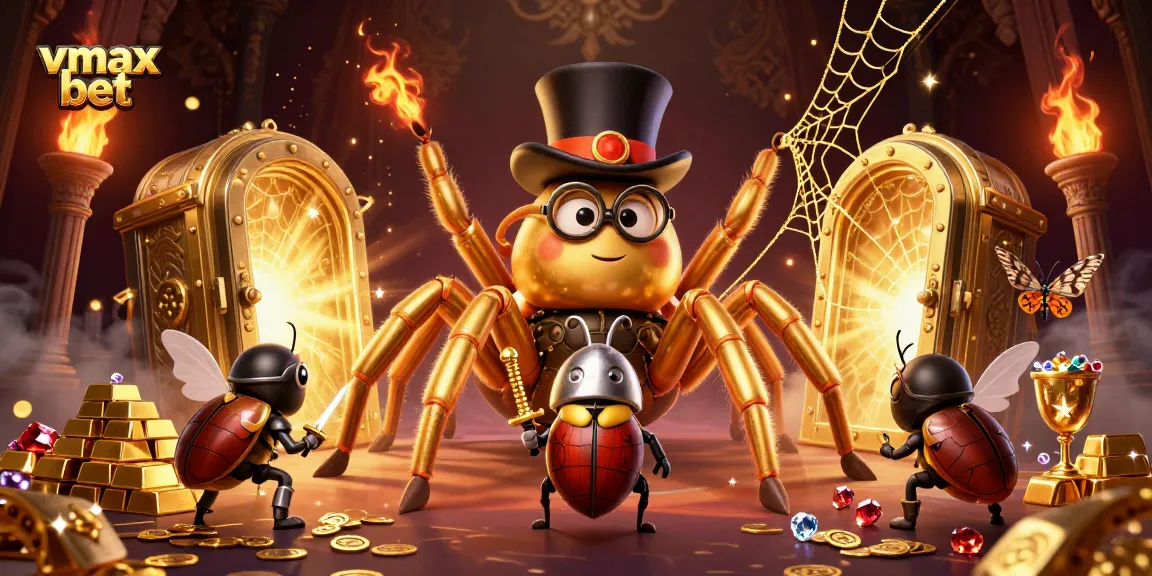 Join the vmax bet adventure with a brave beetle knight facing a golden tarantula in a vibrant casino.