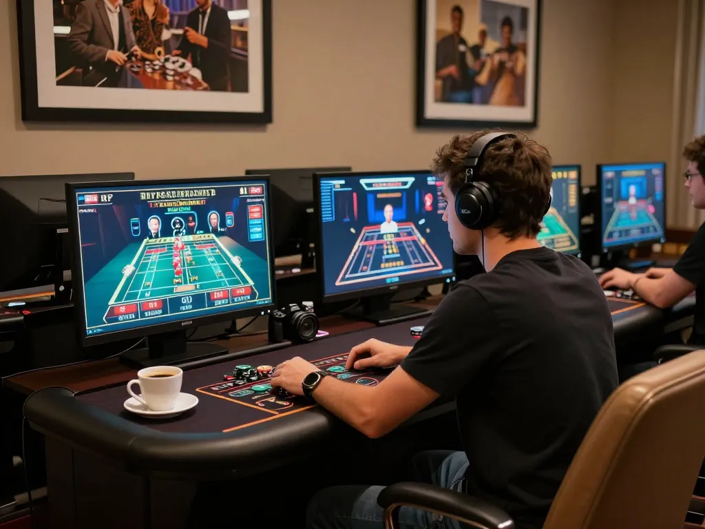 spinadvisor player enjoying a strategic online casino session on multiple screens in a cozy atmosphere