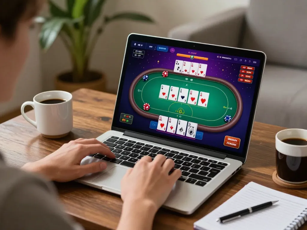 Engaged player exploring free credit mega888 on laptop at cozy home gaming setup