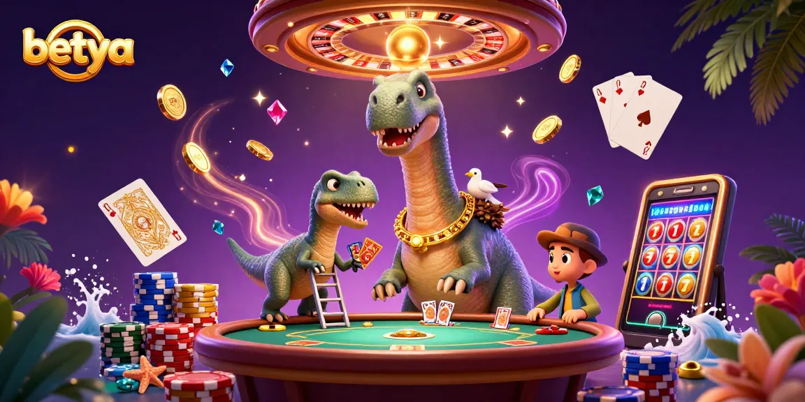 Betya showcases a vibrant casino scene with a towering brontosaurus featuring card game elements.