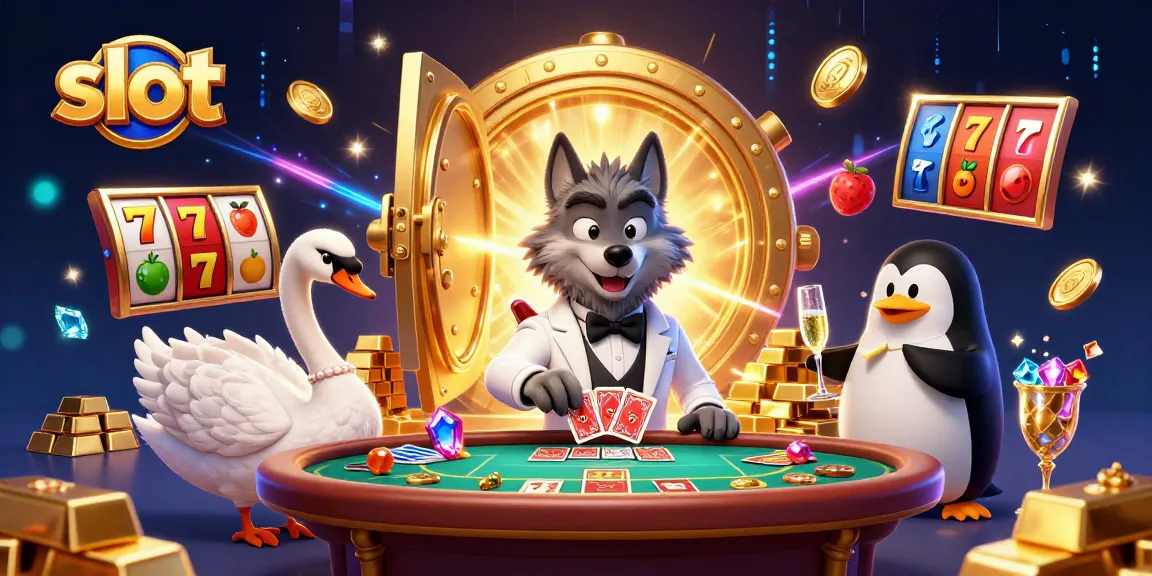 Spin the slot reels with a debonair wolf, elegant swan, and penguin, surrounded by treasures.