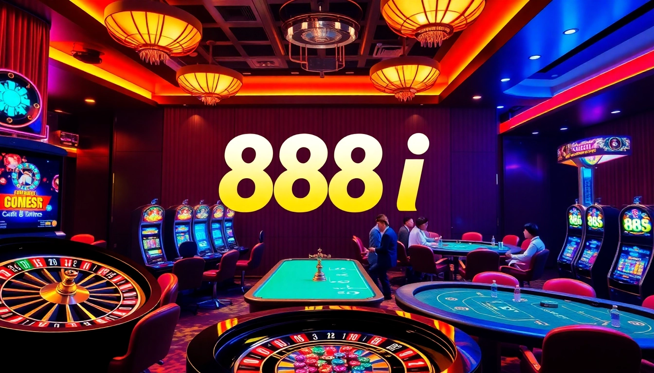 A thrilling casino scene featuring gambling action and the 88i logo, vibrant slot machines, and poker tables.