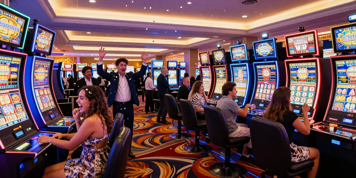 Friends celebrating a jackpot win at a lively slot machine in a vibrant casino.