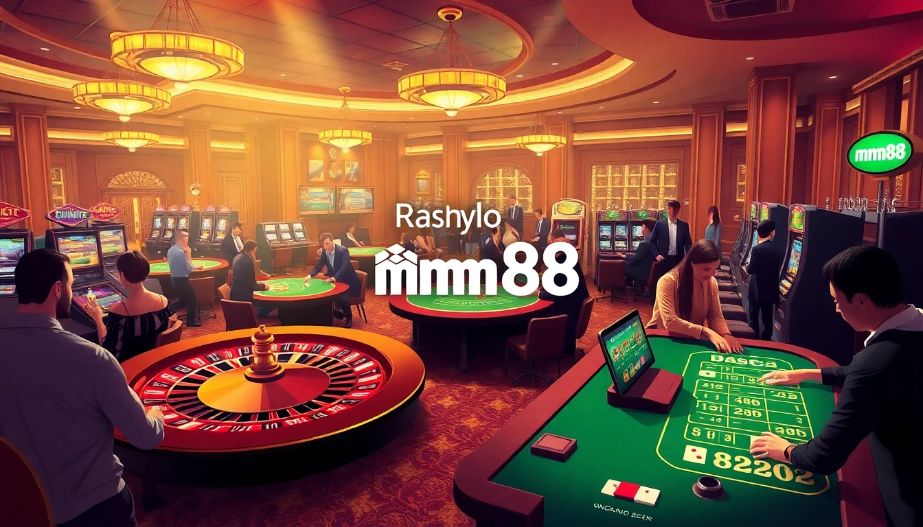Enhance your gaming experience at mm88 with a vibrant casino scene featuring roulette and poker tables.