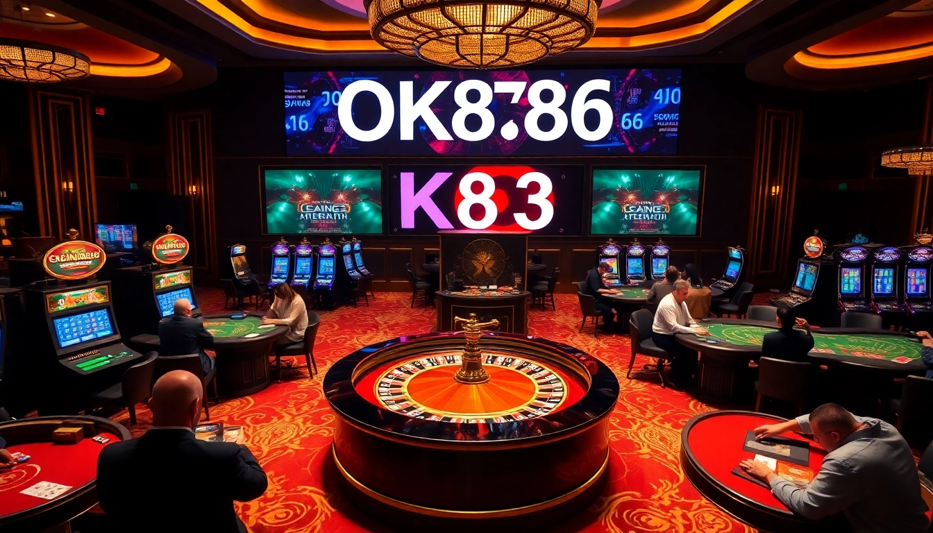 Experience the excitement of OK8386 in a luxurious casino setting filled with vibrant gaming tables and thrilling action.