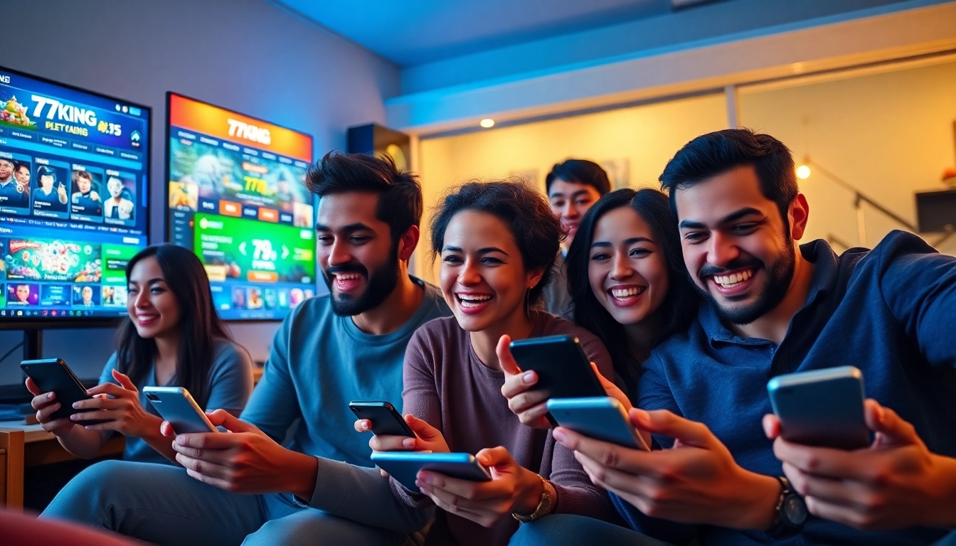Engaging players excitedly using the 79king platform in a vibrant gaming environment.