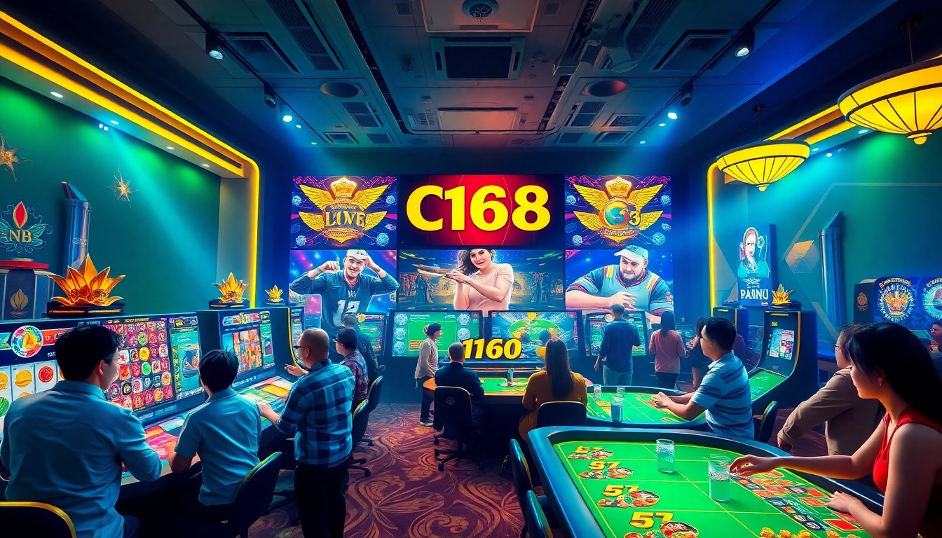 C168 online casino interface showcasing live games, vibrant colors, and engaged players.