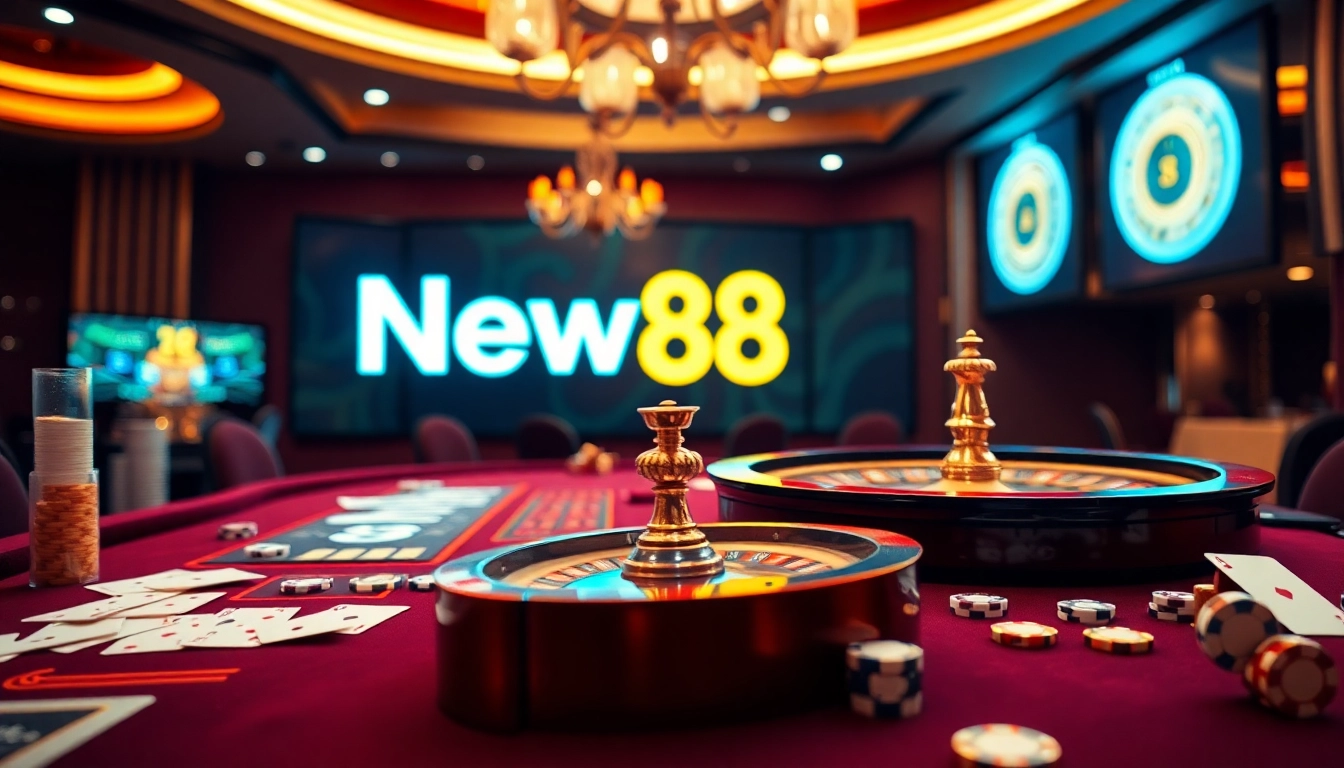 Experience the thrill of New88 with an exciting casino scene showcasing vibrant gaming elements.
