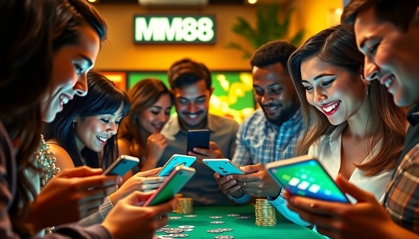 Exciting moment of users engaging with MM88 online gambling platform, showcasing a modern casino atmosphere.