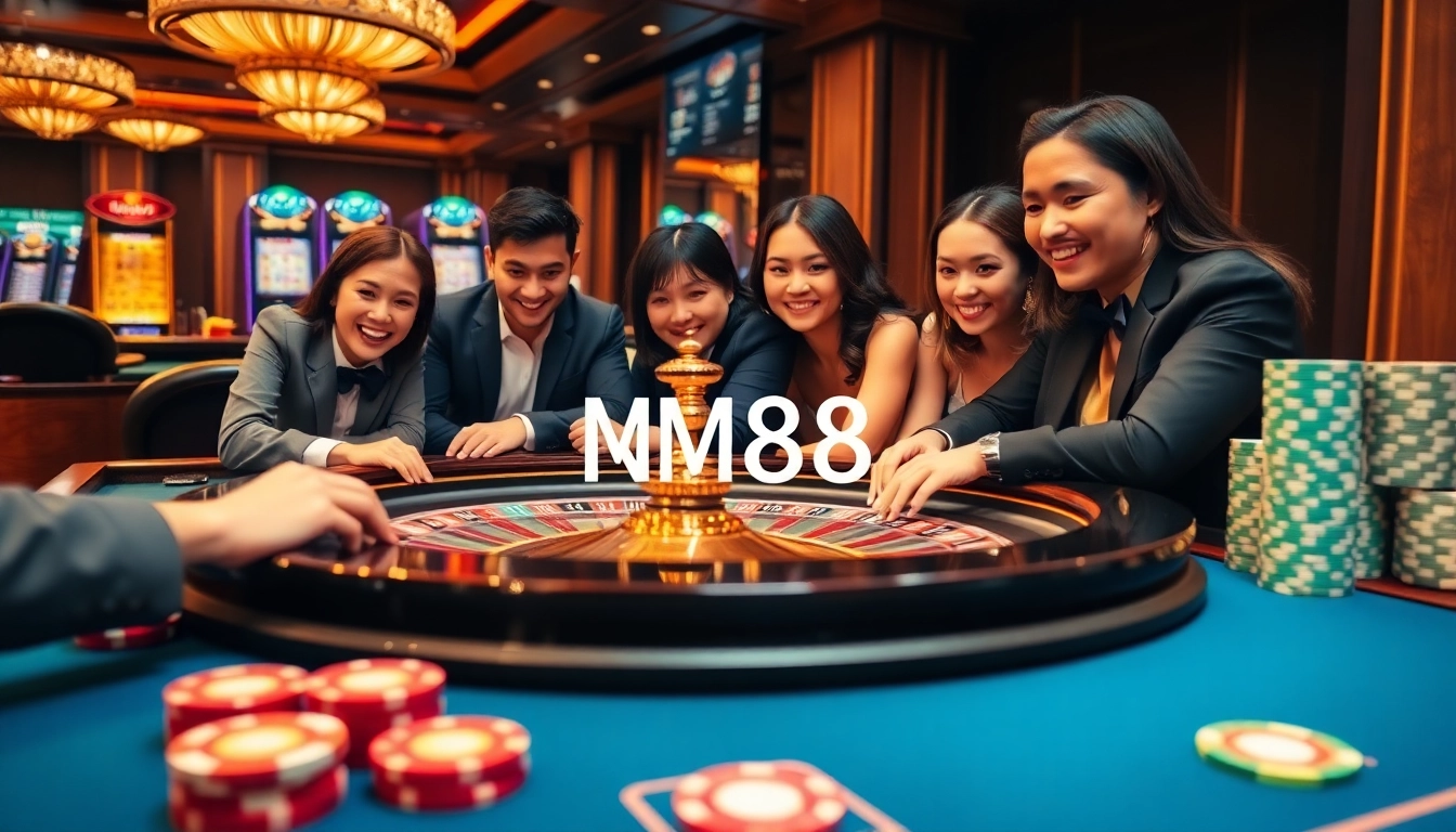 Engaged players at an MM88 casino, spinning roulette and winning big with excitement.