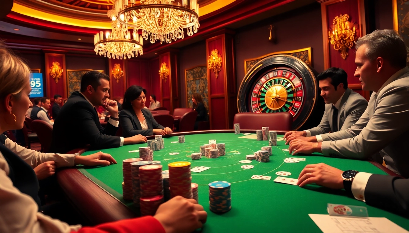 Players enjoying a high stakes poker game on 32win's luxurious casino table.