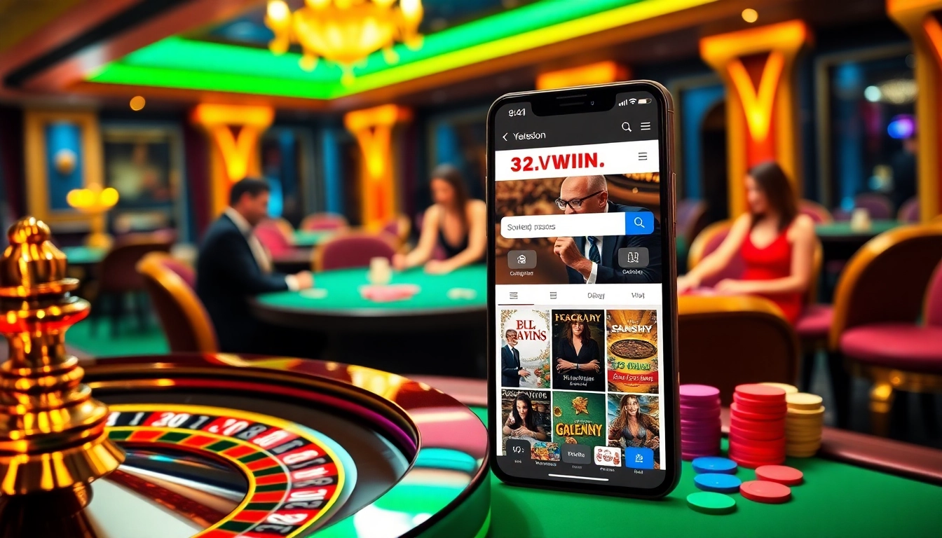 A vibrant casino scene featuring the website https://32win.football/ on a smartphone, showcasing exciting gambling experiences.