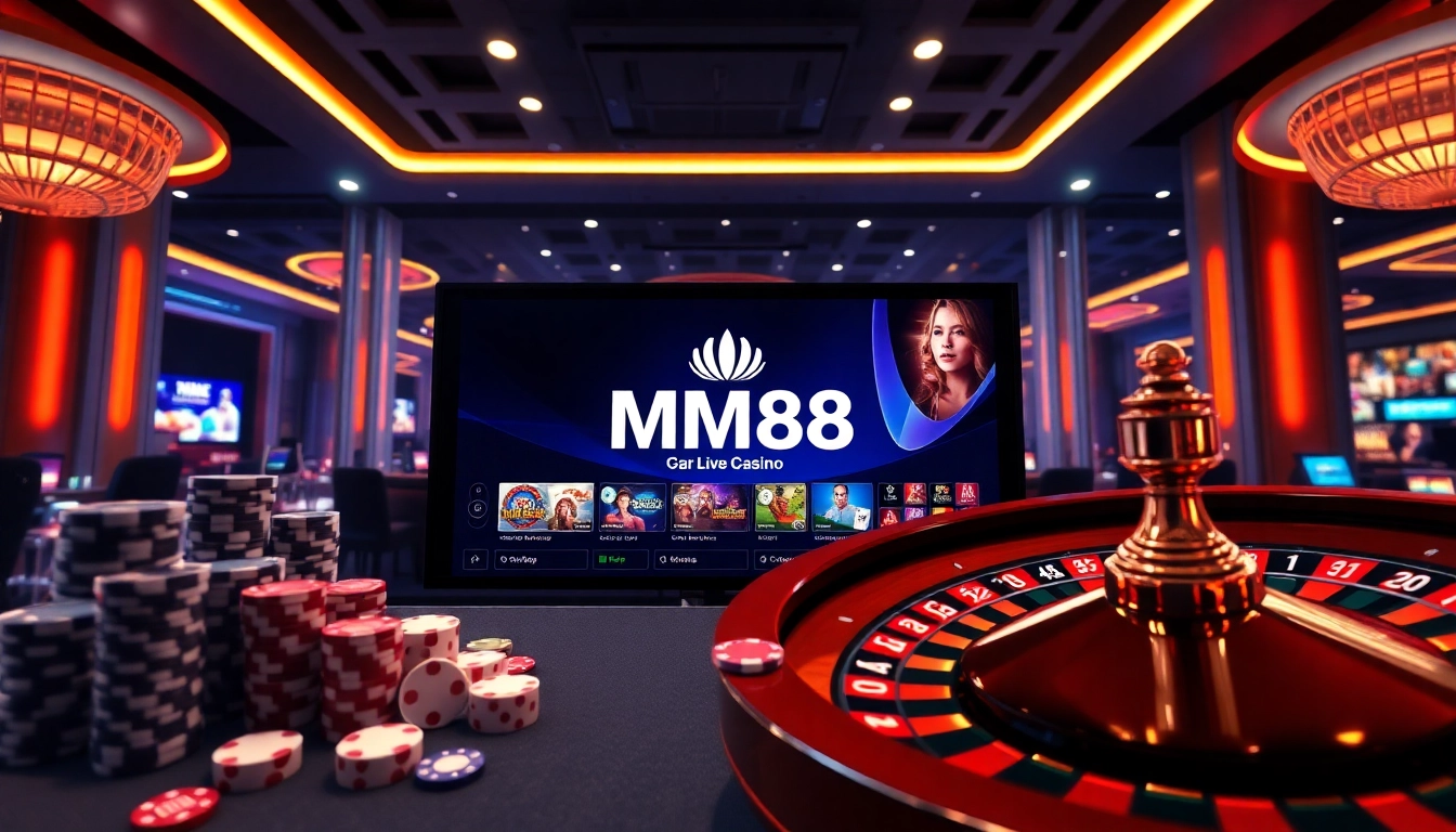 MM88 interface showcasing poker chips and a roulette wheel in a vibrant casino atmosphere.