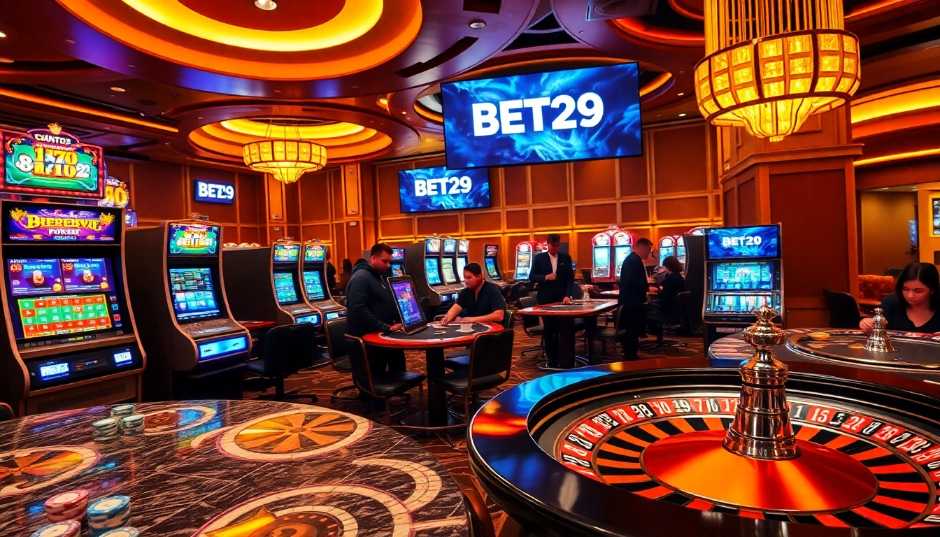 Engaging BET29 players celebrating wins at a vibrant casino, showcasing thrills and luxury.