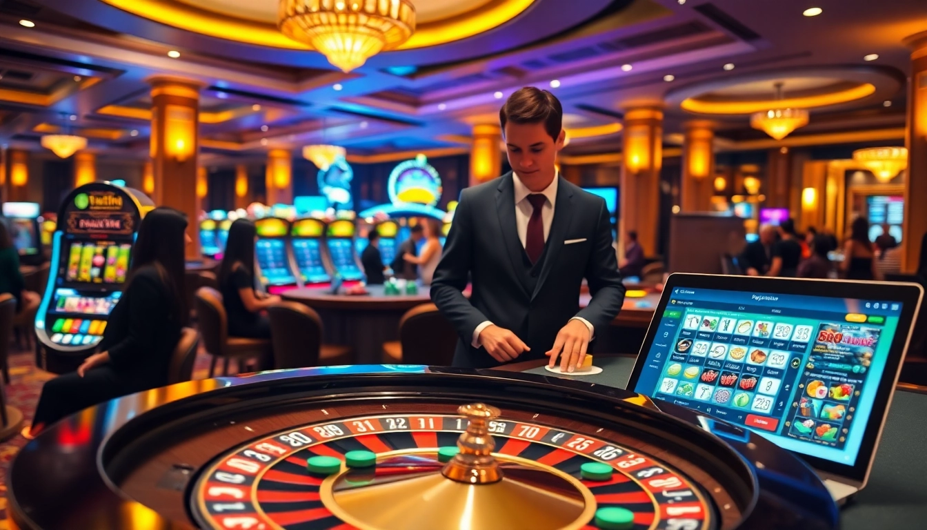 Experience the excitement of gambling at https://789win.apartments/ with a roulette table and slot machines in a vibrant casino.
