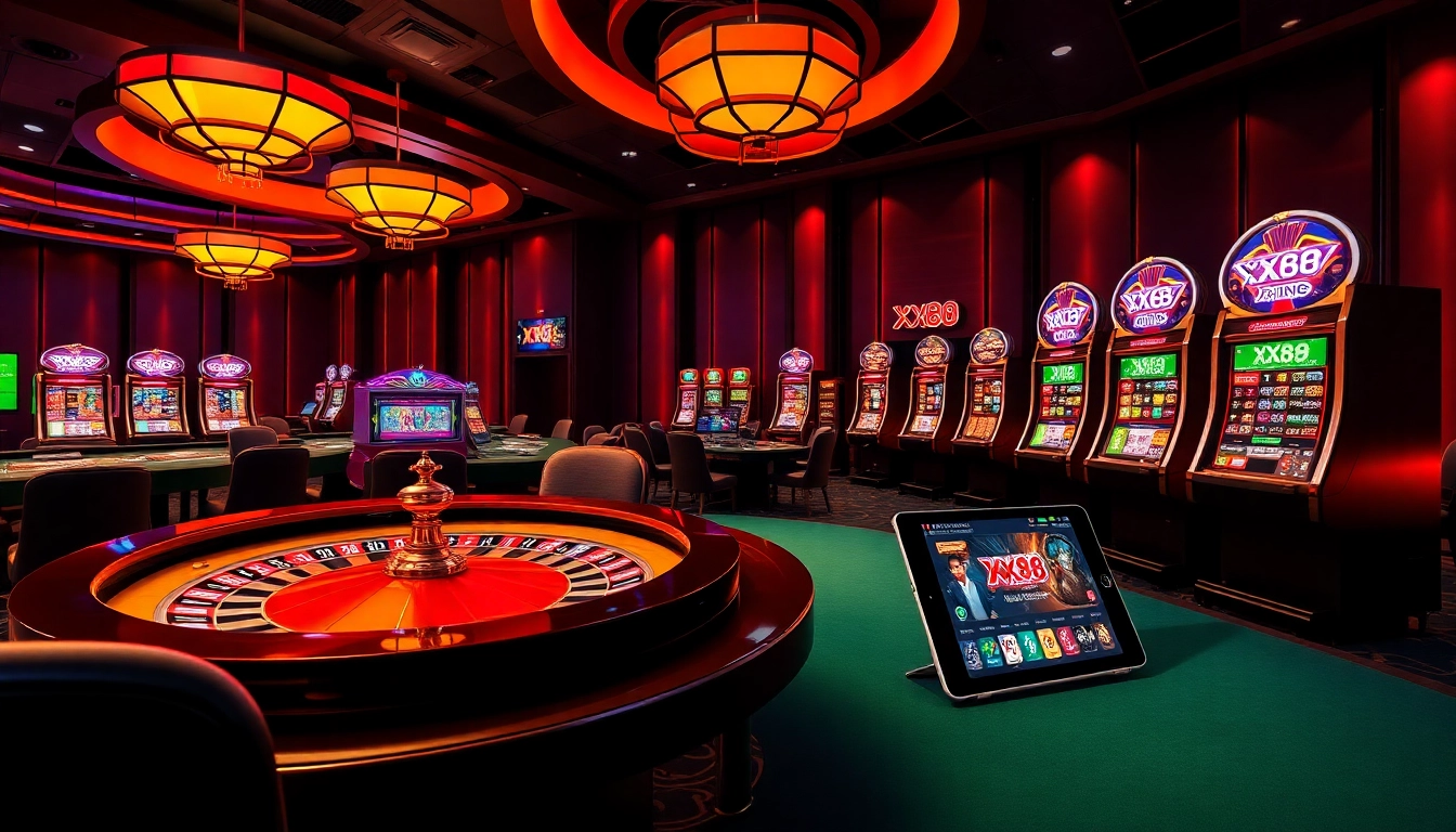 Experience thrilling gaming at XX88 with a vibrant casino scene featuring chips, cards, and slot machines.