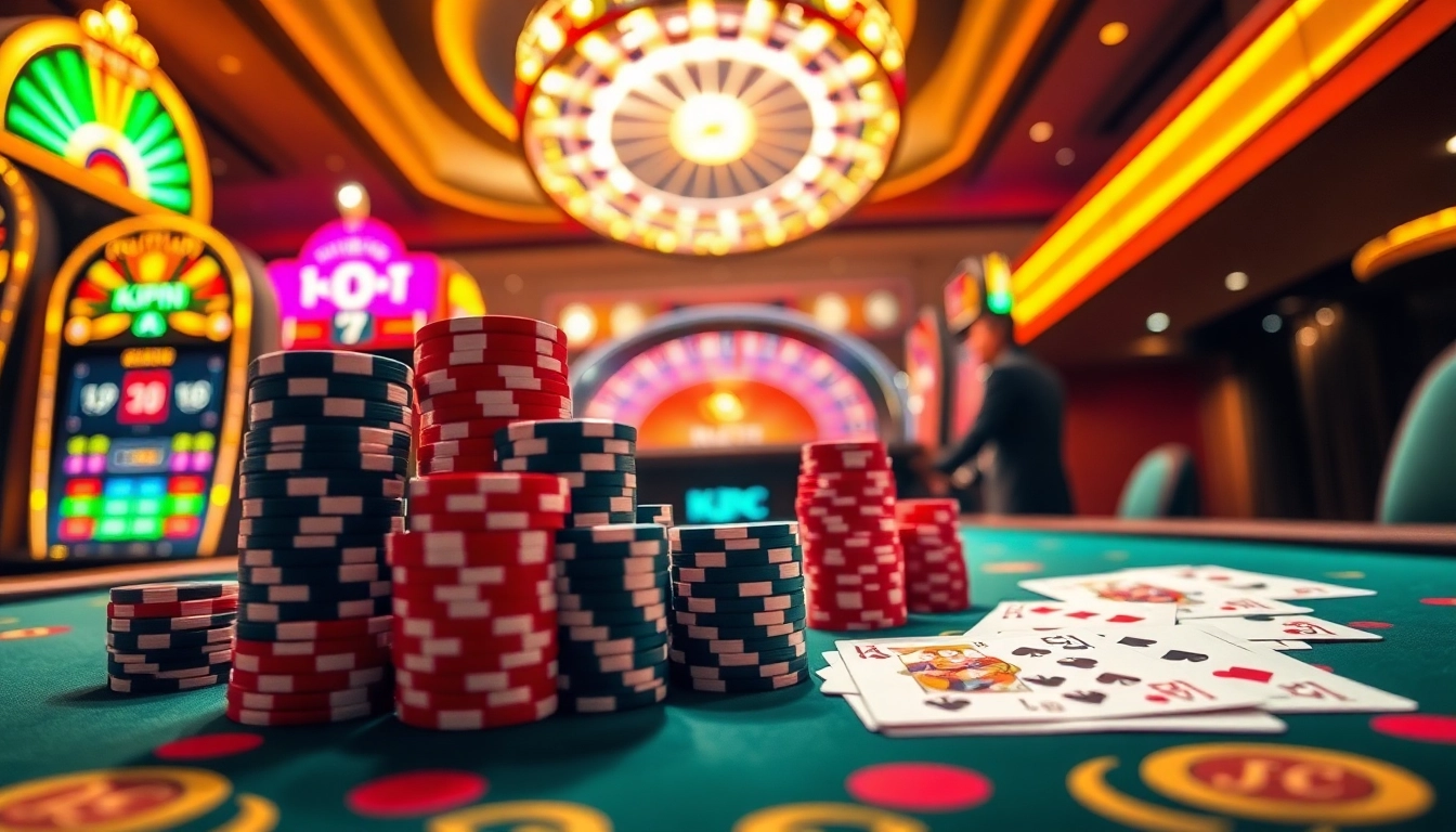 KJC casino scene with vibrant poker chips and dynamic slot machines lighting up the excitement.