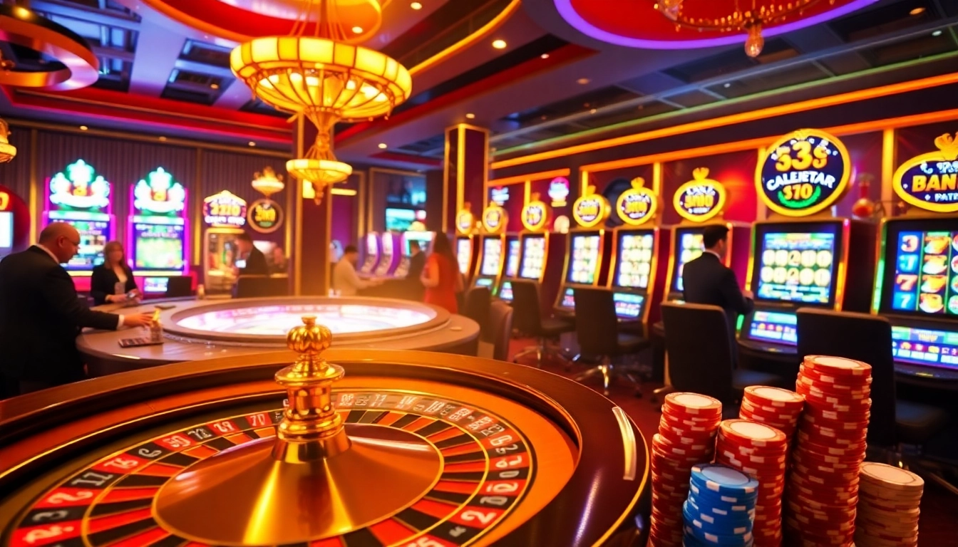 Experience the excitement of gambling at 32win.net with vibrant casino visuals including roulette and slot machines.